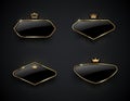 Luxury black glass labels with golden crown and frame on a black background. Premium design. Luxury template design.